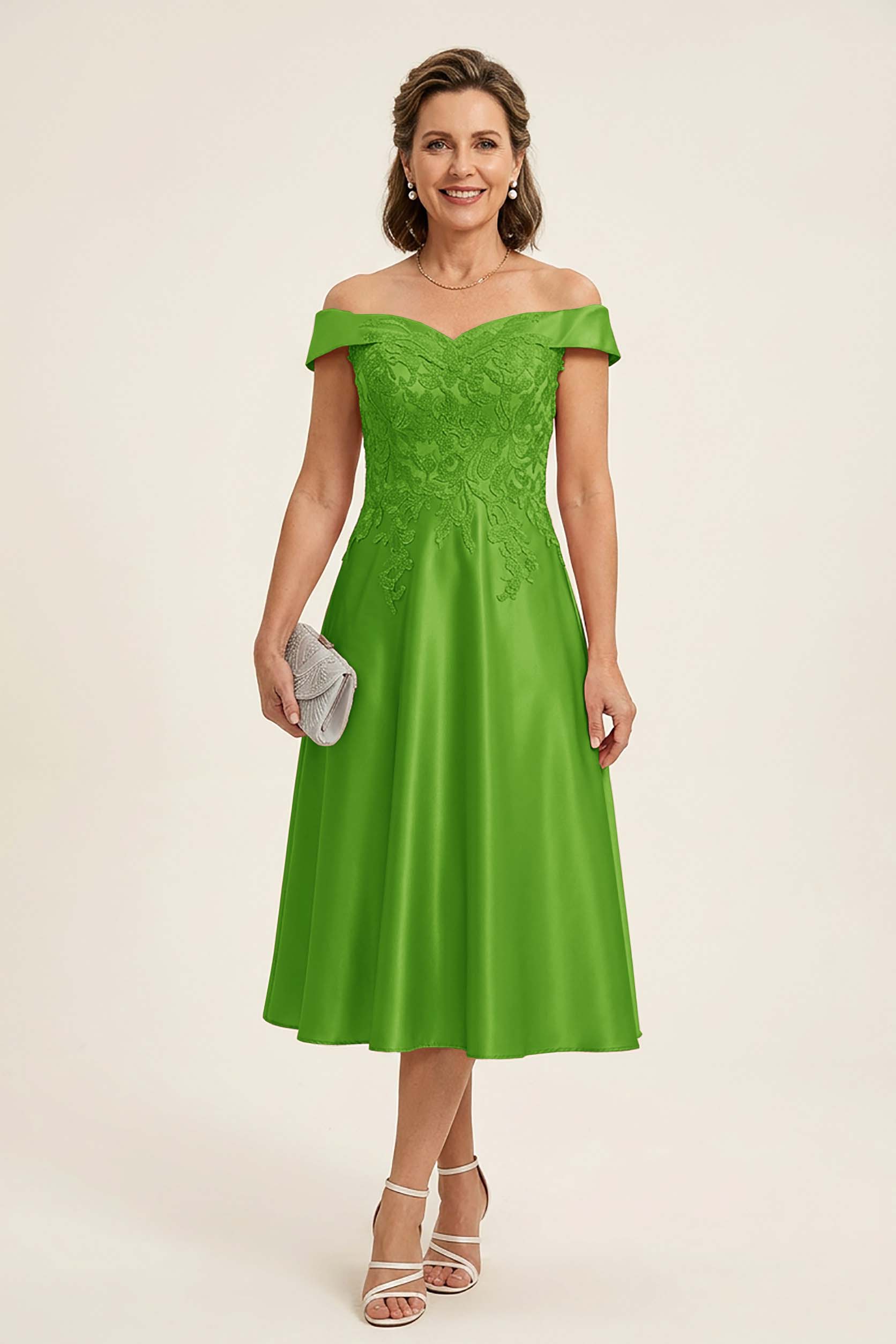 Peach Pink Off Shoulder Imitation Stretch Satin Tea-Length Mother Dresses