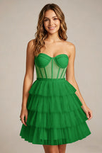 Strapless Mint Green Tulle Tiered Homecoming Dresses With Illusion Corset