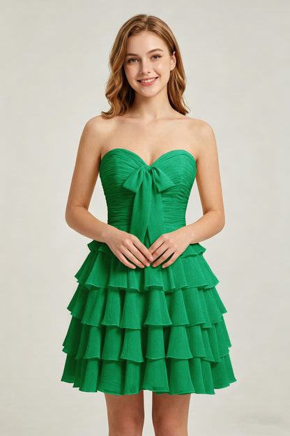Strapless Yellow Chiffon Tiered Short Homecoming Dresses with Bow