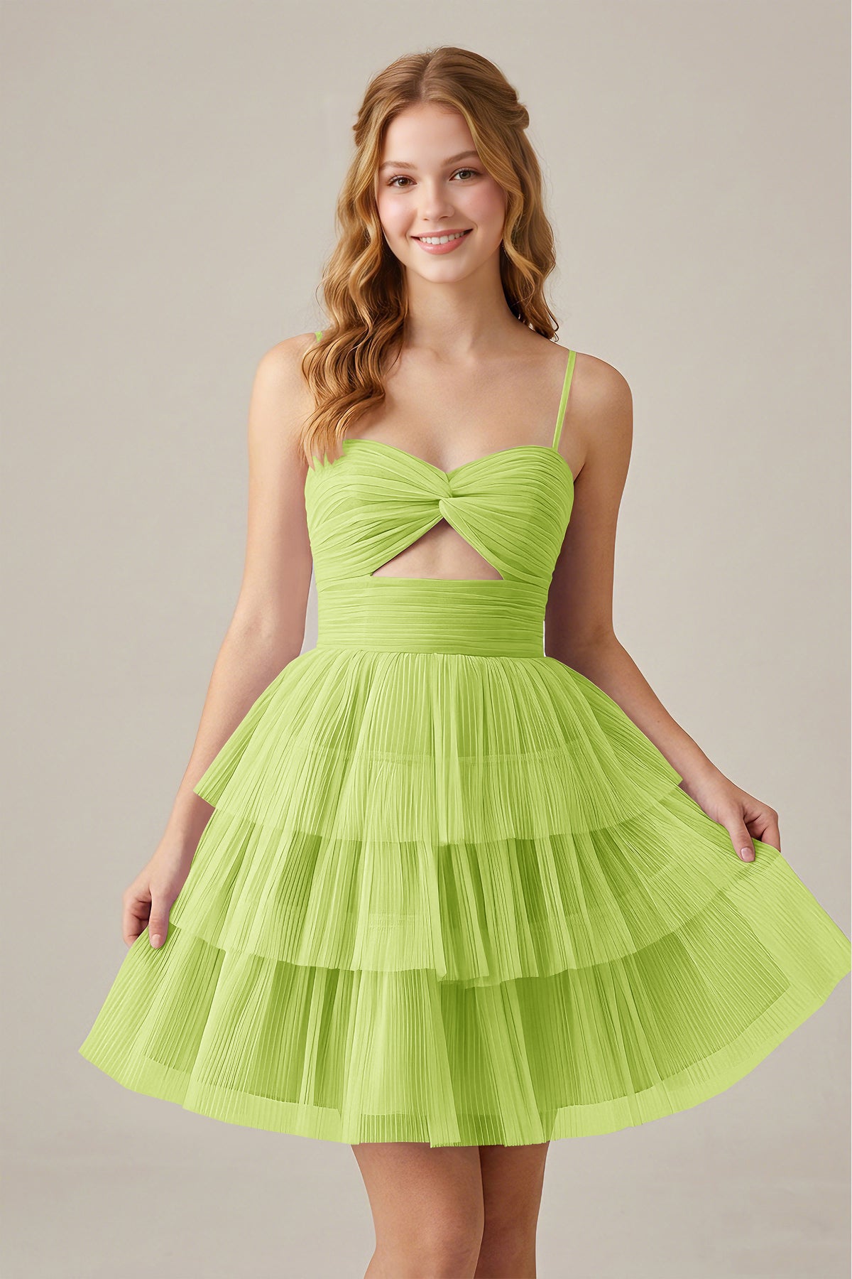 Olive Green Sleeveless Pleated Tulle Cutout Tiered Homecoming Dresses