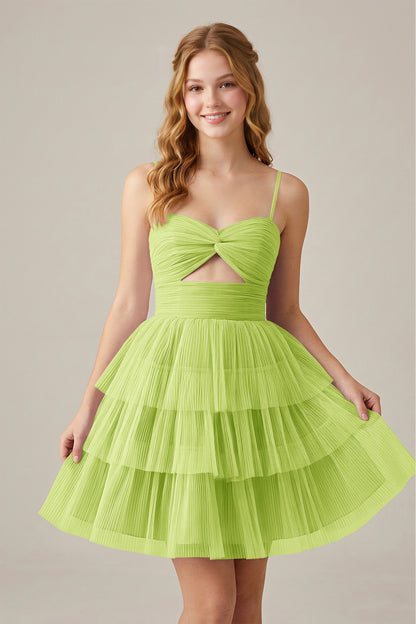 Olive Green Sleeveless Pleated Tulle Cutout Tiered Homecoming Dresses