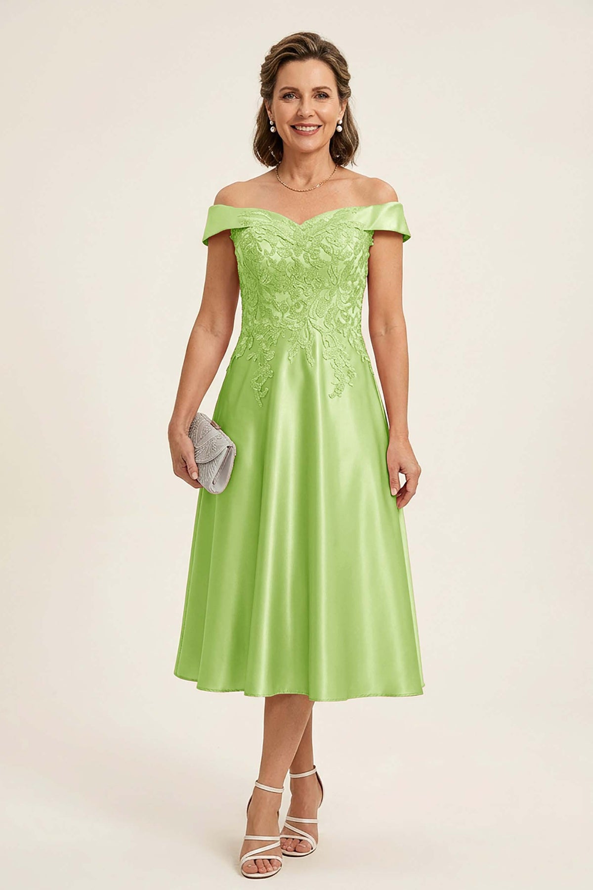 Peach Pink Off Shoulder Imitation Stretch Satin Tea-Length Mother Dresses