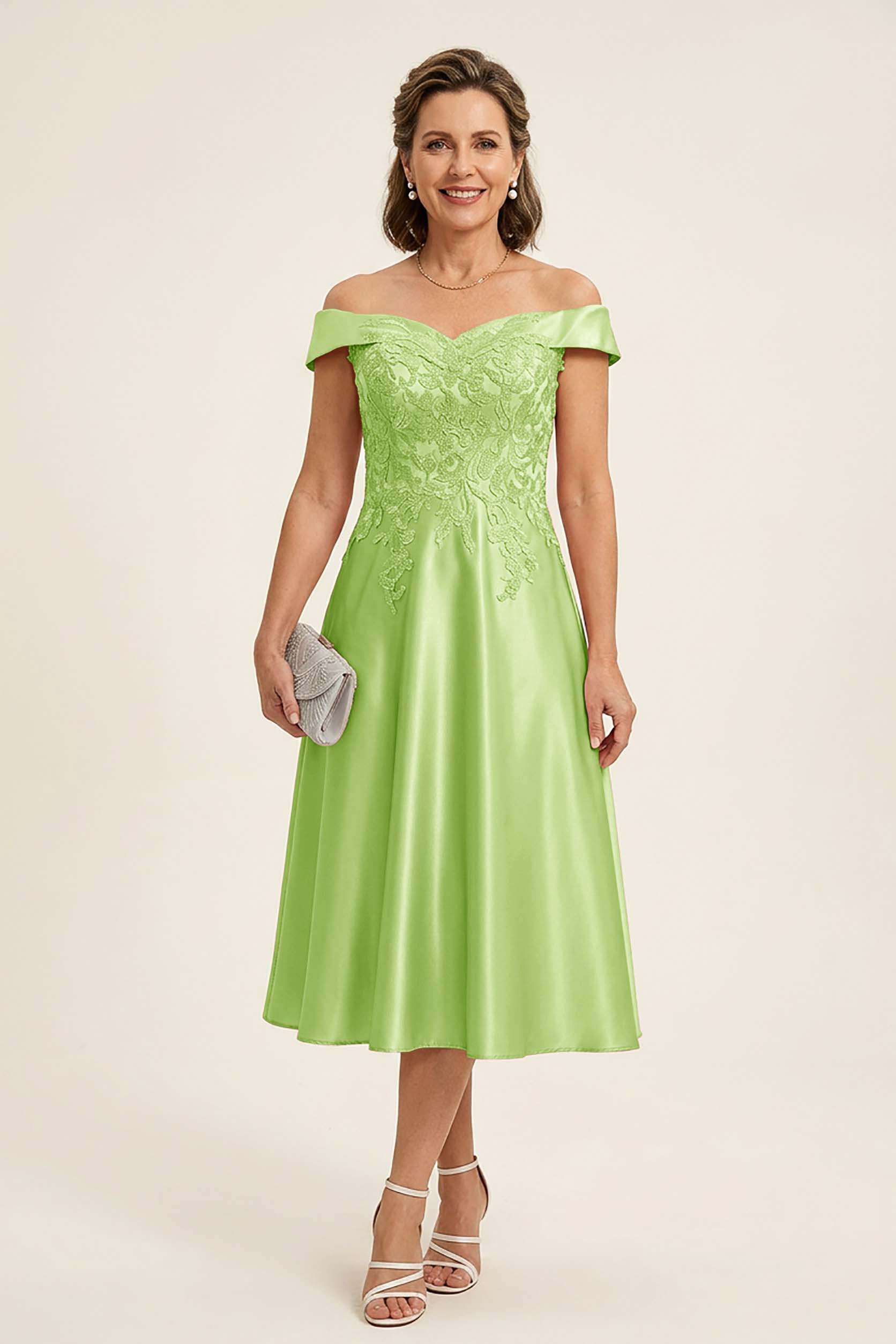 Peach Pink Off Shoulder Imitation Stretch Satin Tea-Length Mother Dresses