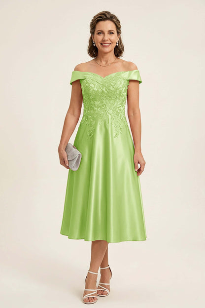 Peach Pink Off Shoulder Imitation Stretch Satin Tea-Length Mother Dresses