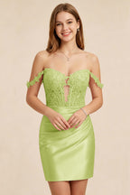 Light Pink Lace Illusion Corset Stretch Satin Mini Homecoming Dresses