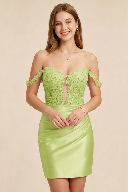Light Pink Lace Illusion Corset Stretch Satin Mini Homecoming Dresses