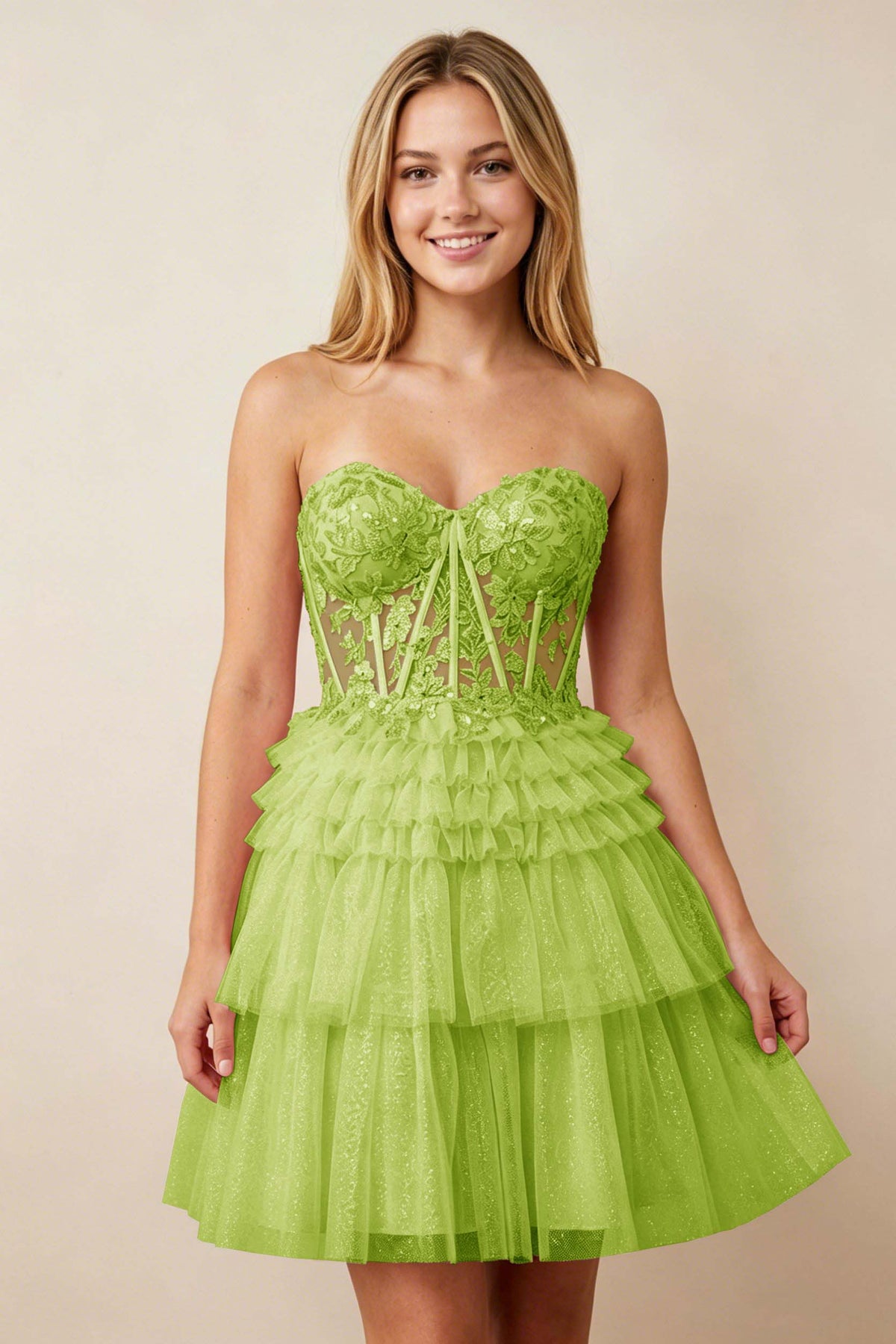 Strapless Misty Rose Lace Illusion Corset Glitter Tulle Homecoming Dresses
