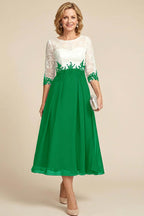Navy Blue 3/4 Sleeve Two-Tone Lace Chiffon Mother Dresses