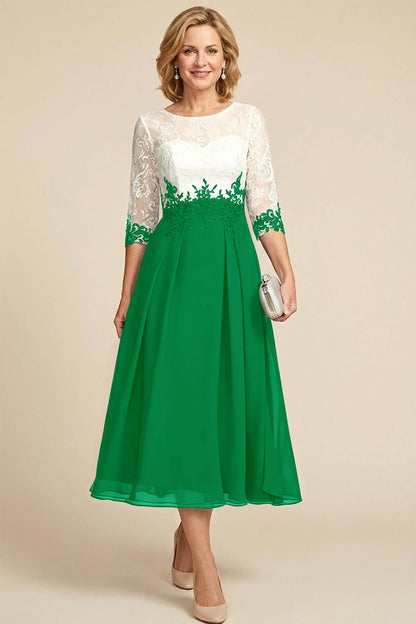 Navy Blue 3/4 Sleeve Two-Tone Lace Chiffon Mother Dresses