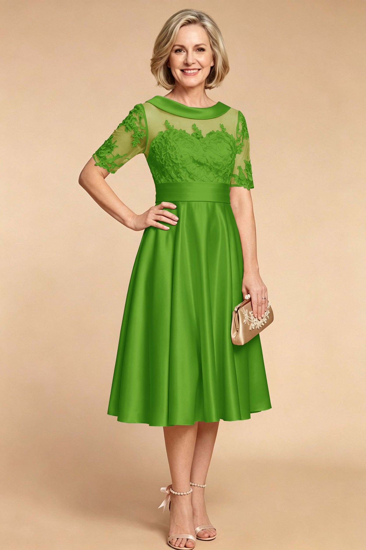 Champagne Imitation Stretch Satin Elbow Sleeve Tea-Length Mother Dresses
