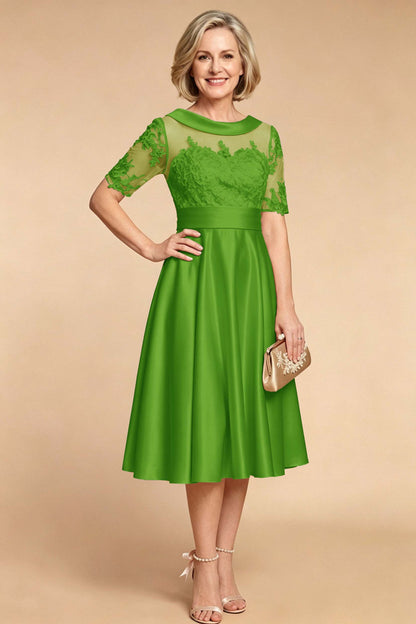 Champagne Imitation Stretch Satin Elbow Sleeve Tea-Length Mother Dresses