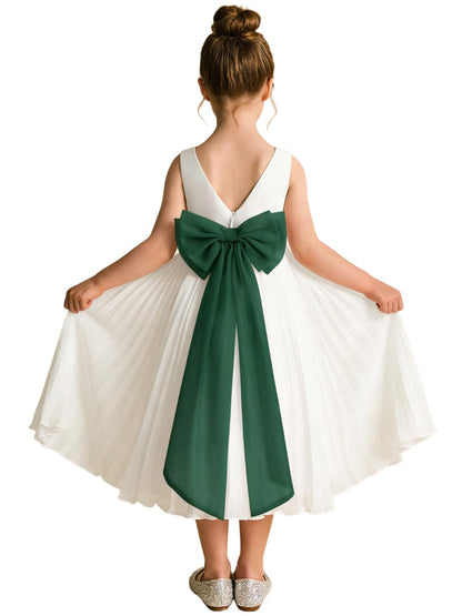 Elegant A-Line Pleated Chiffon Flower Girl Dress with Big Bow Sash