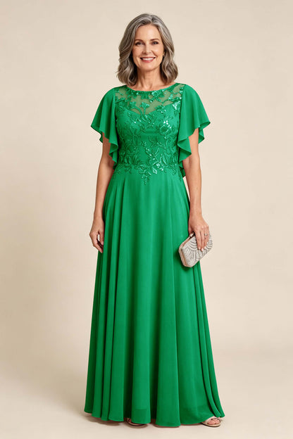 Lilac Scoop Neck Flutter Sleeve Lace Appliques Chiffon Mother Dresses