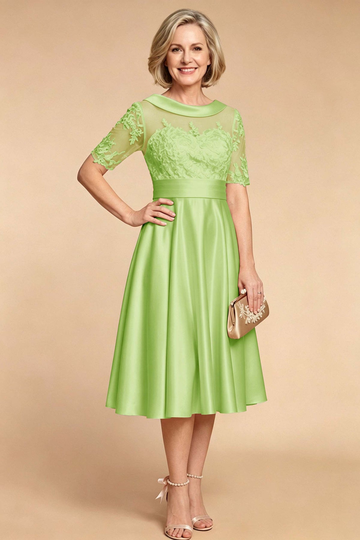 Champagne Imitation Stretch Satin Elbow Sleeve Tea-Length Mother Dresses
