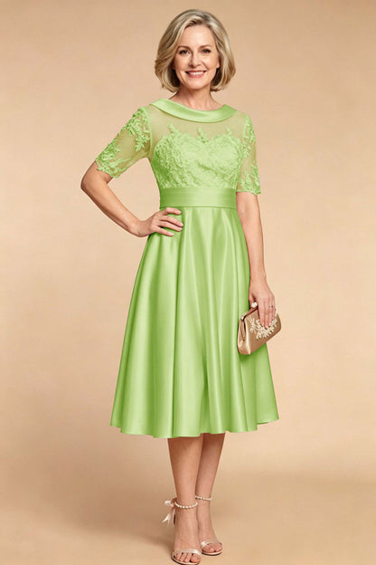 Champagne Imitation Stretch Satin Elbow Sleeve Tea-Length Mother Dresses