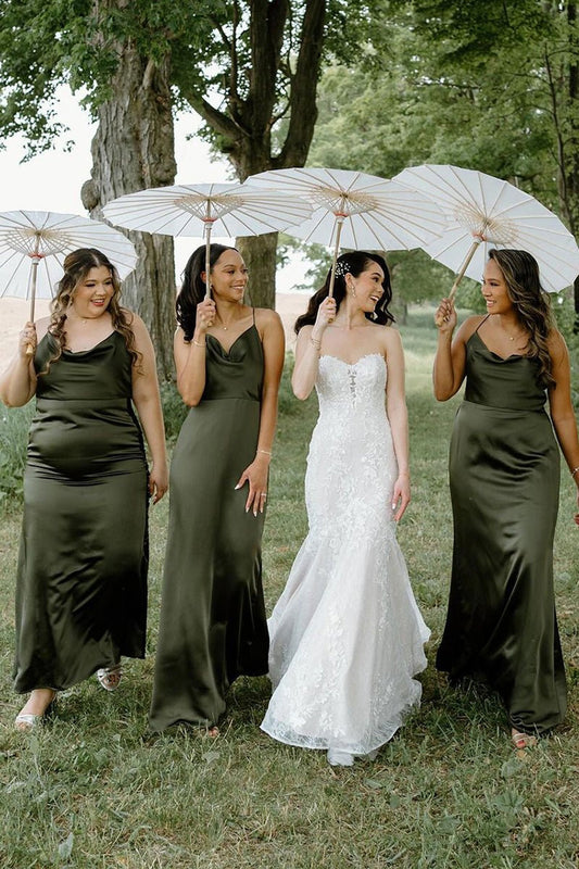 Hunter Green Cowl Neck Sheath Sleeveless Satin Bridesmaid Dresses