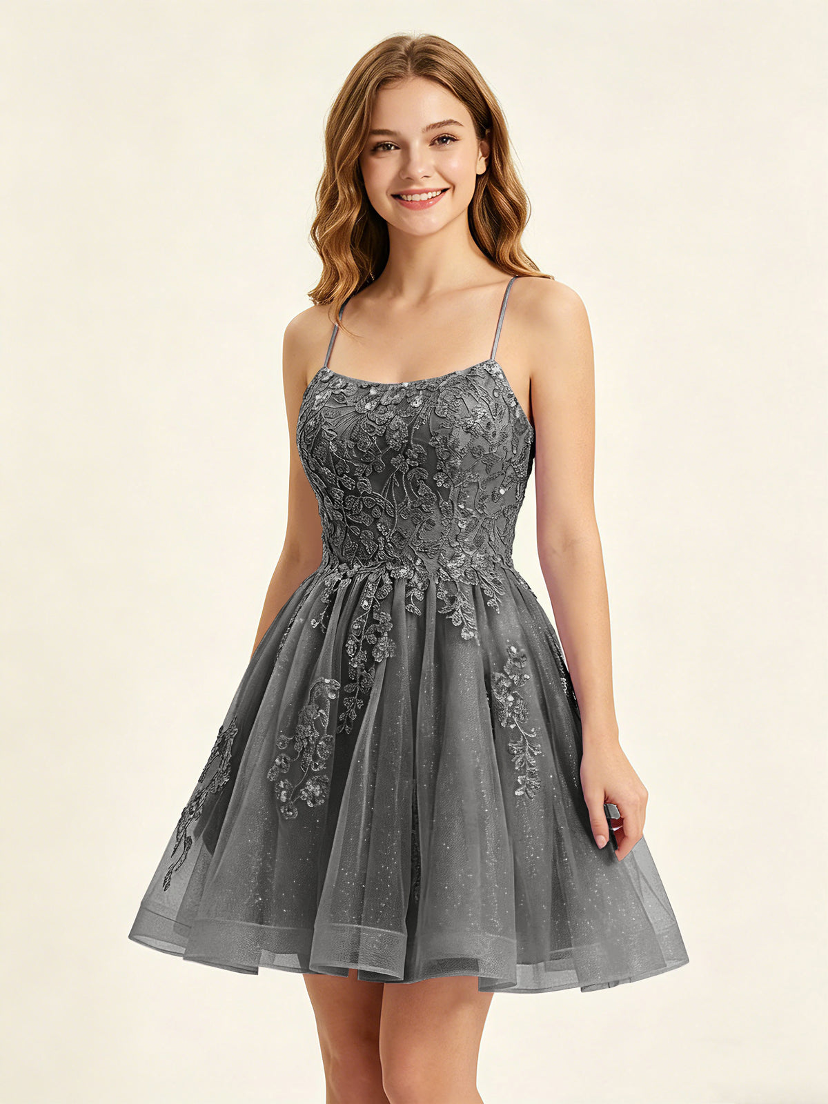 A Line Sequins Lilac Tulle Homecoming Dresses with Appliques