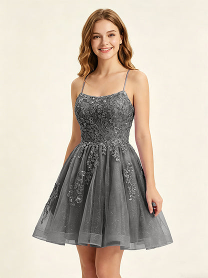 A Line Sequins Lilac Tulle Homecoming Dresses with Appliques