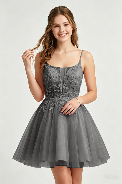 A Line Spaghetti Straps Pink Tulle Homecoming Dresses With Sequins