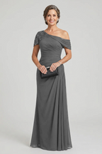 Black One-Shoulder Beaded Ruched Chiffon Mother Dresses