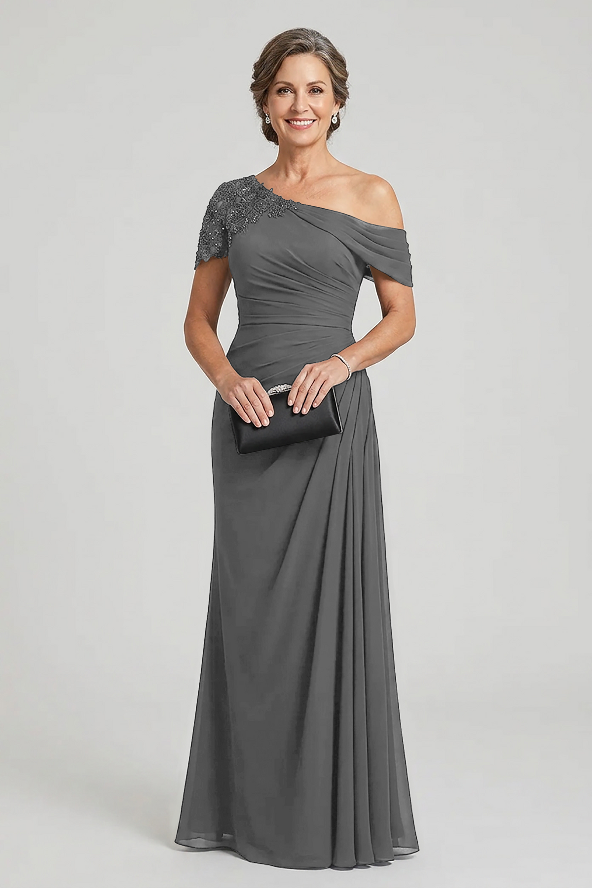 Black One-Shoulder Beaded Ruched Chiffon Mother Dresses