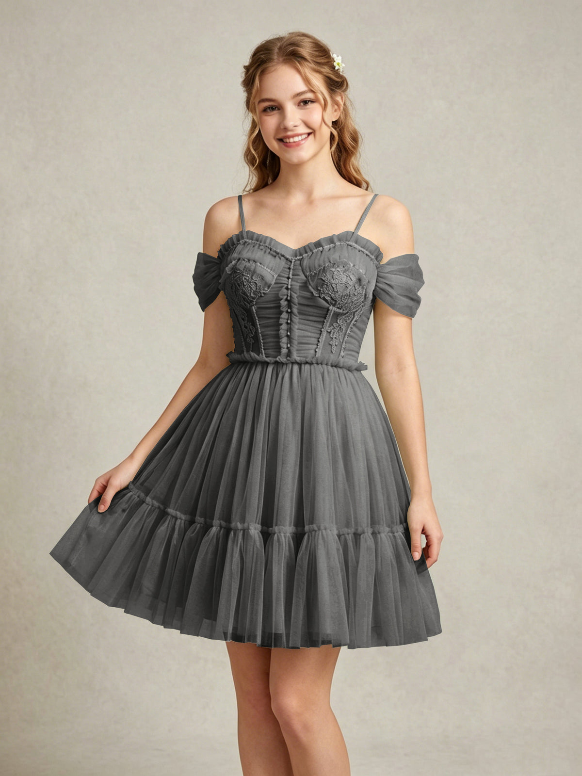 Cold Shoulder Lilac Tulle Dresses with Corset Bodice and Lace Appliques