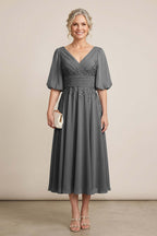 Dusty Blue V-Neck Lace Chiffon Tea-Length Mother Dresses