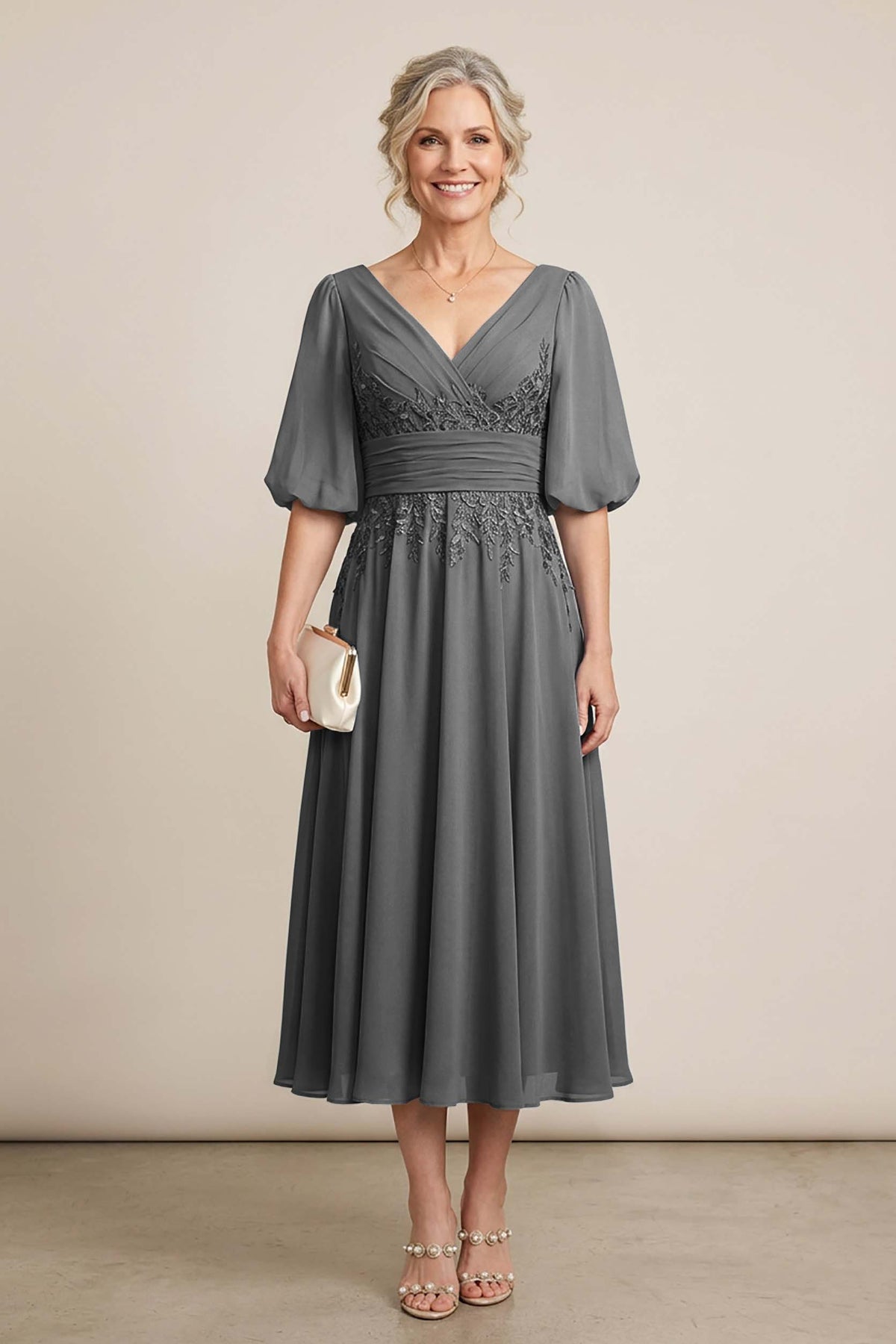 Dusty Blue V-Neck Lace Chiffon Tea-Length Mother Dresses