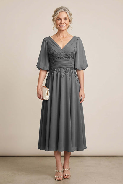 Dusty Blue V-Neck Lace Chiffon Tea-Length Mother Dresses
