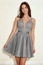 Lavender Spaghetti Straps Stretch Satin Homecoming Dresses with Appliques
