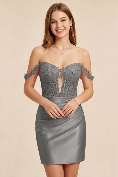 Light Pink Lace Illusion Corset Stretch Satin Mini Homecoming Dresses