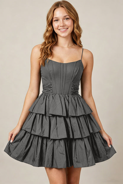 Spaghetti Straps Black Taffeta Tiered Mini Homecoming Dresses