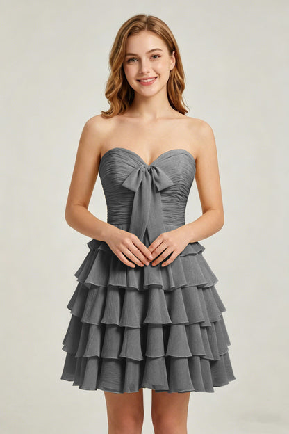 Strapless Yellow Chiffon Tiered Short Homecoming Dresses with Bow