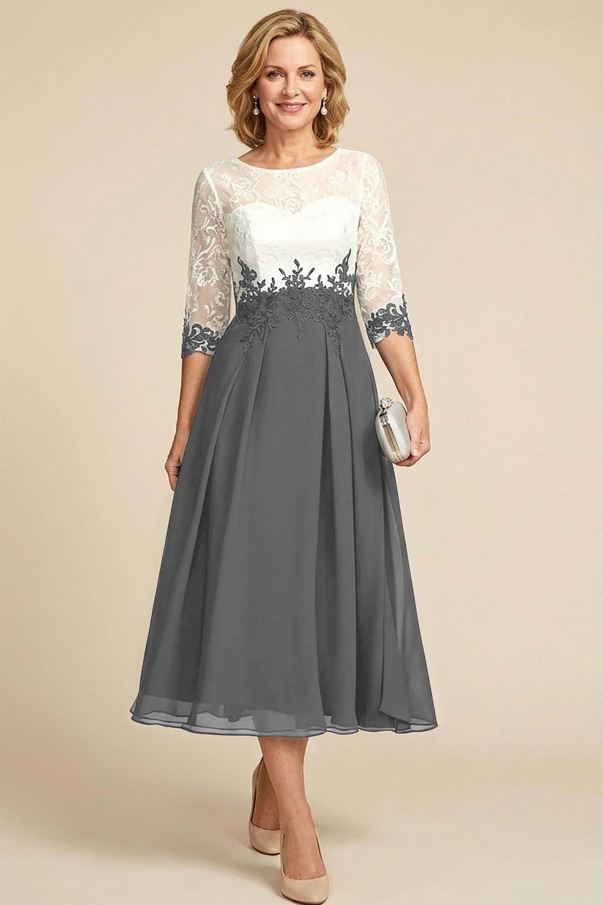 Navy Blue 3/4 Sleeve Two-Tone Lace Chiffon Mother Dresses