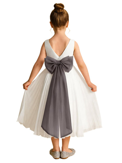 Elegant A-Line Pleated Chiffon Flower Girl Dress with Big Bow Sash