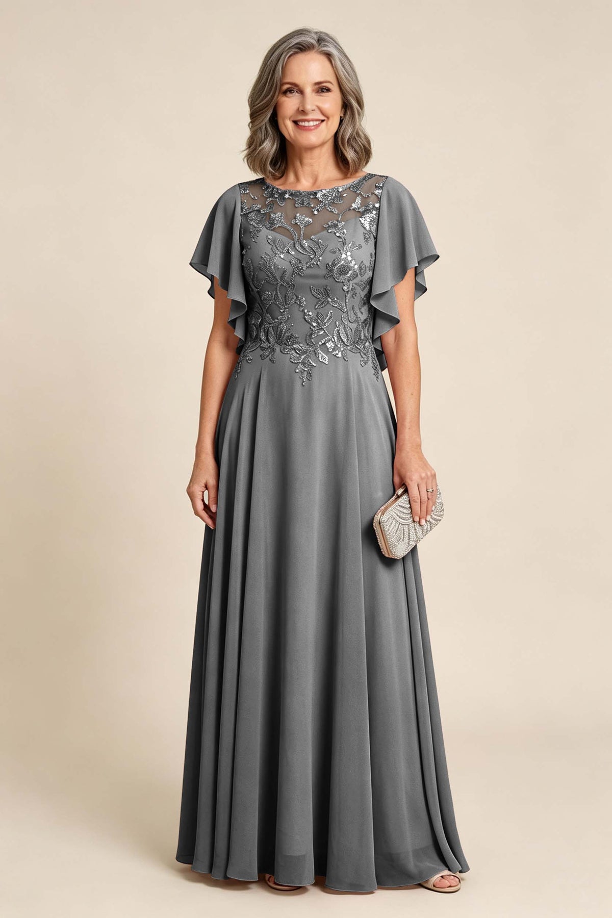 Lilac Scoop Neck Flutter Sleeve Lace Appliques Chiffon Mother Dresses