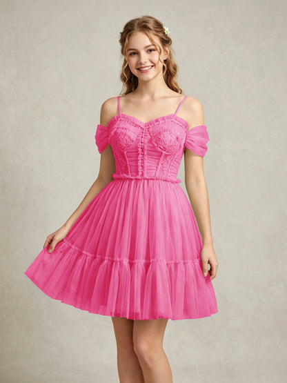 Cold Shoulder Lilac Tulle Dresses with Corset Bodice and Lace Appliques