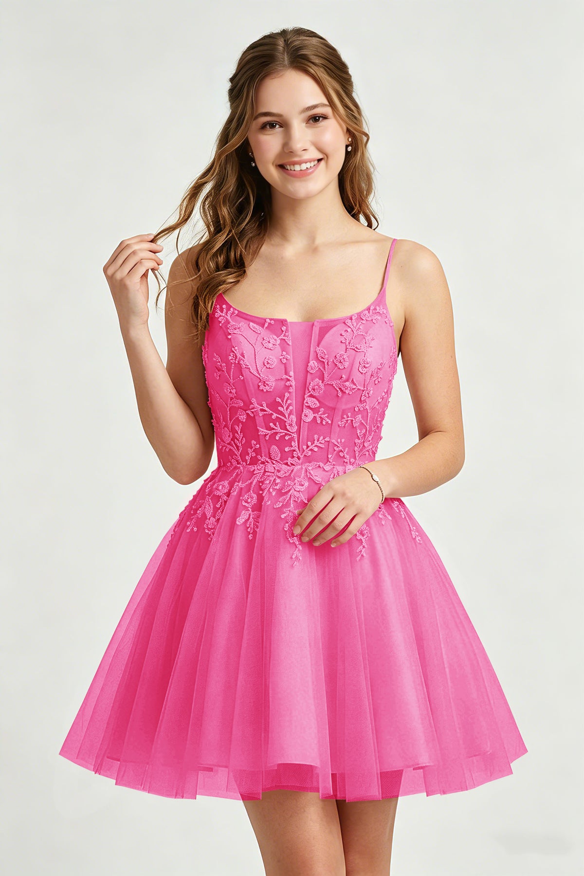 A Line Spaghetti Straps Pink Tulle Homecoming Dresses With Sequins