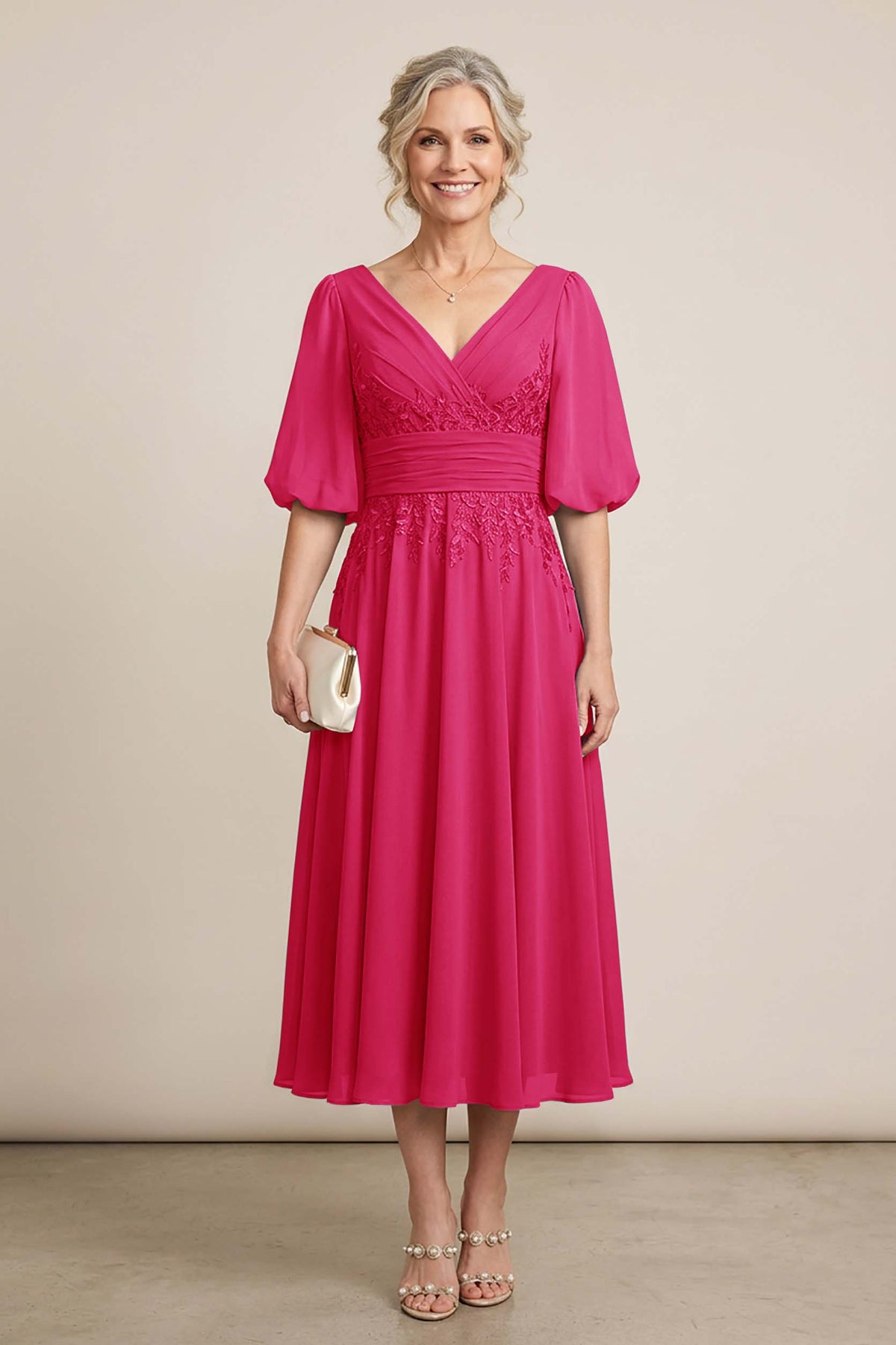 Dusty Blue V-Neck Lace Chiffon Tea-Length Mother Dresses