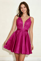 Lavender Spaghetti Straps Stretch Satin Homecoming Dresses with Appliques