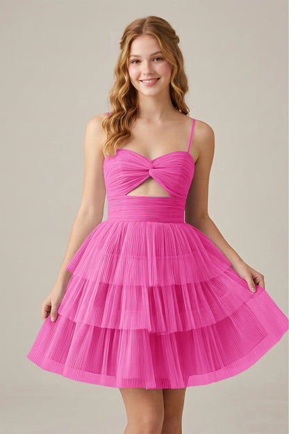 Olive Green Sleeveless Pleated Tulle Cutout Tiered Homecoming Dresses