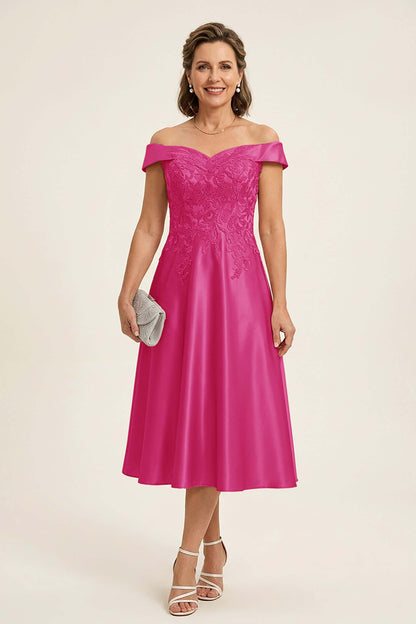 Peach Pink Off Shoulder Imitation Stretch Satin Tea-Length Mother Dresses