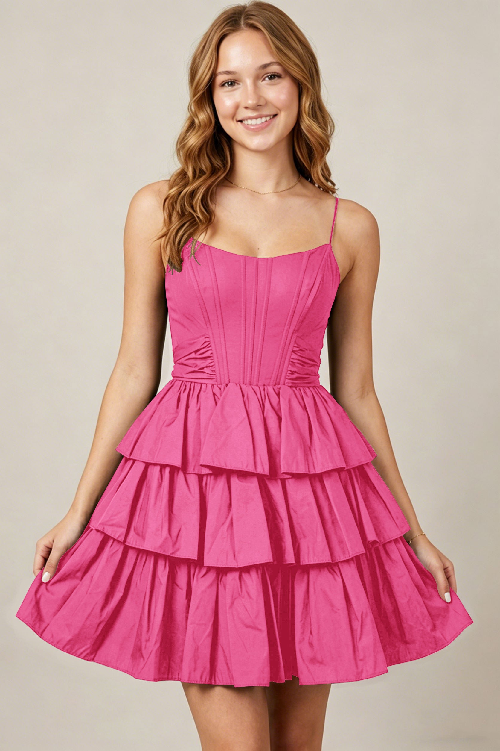 Spaghetti Straps Black Taffeta Tiered Mini Homecoming Dresses