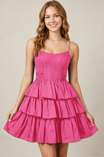 Spaghetti Straps Black Taffeta Tiered Mini Homecoming Dresses