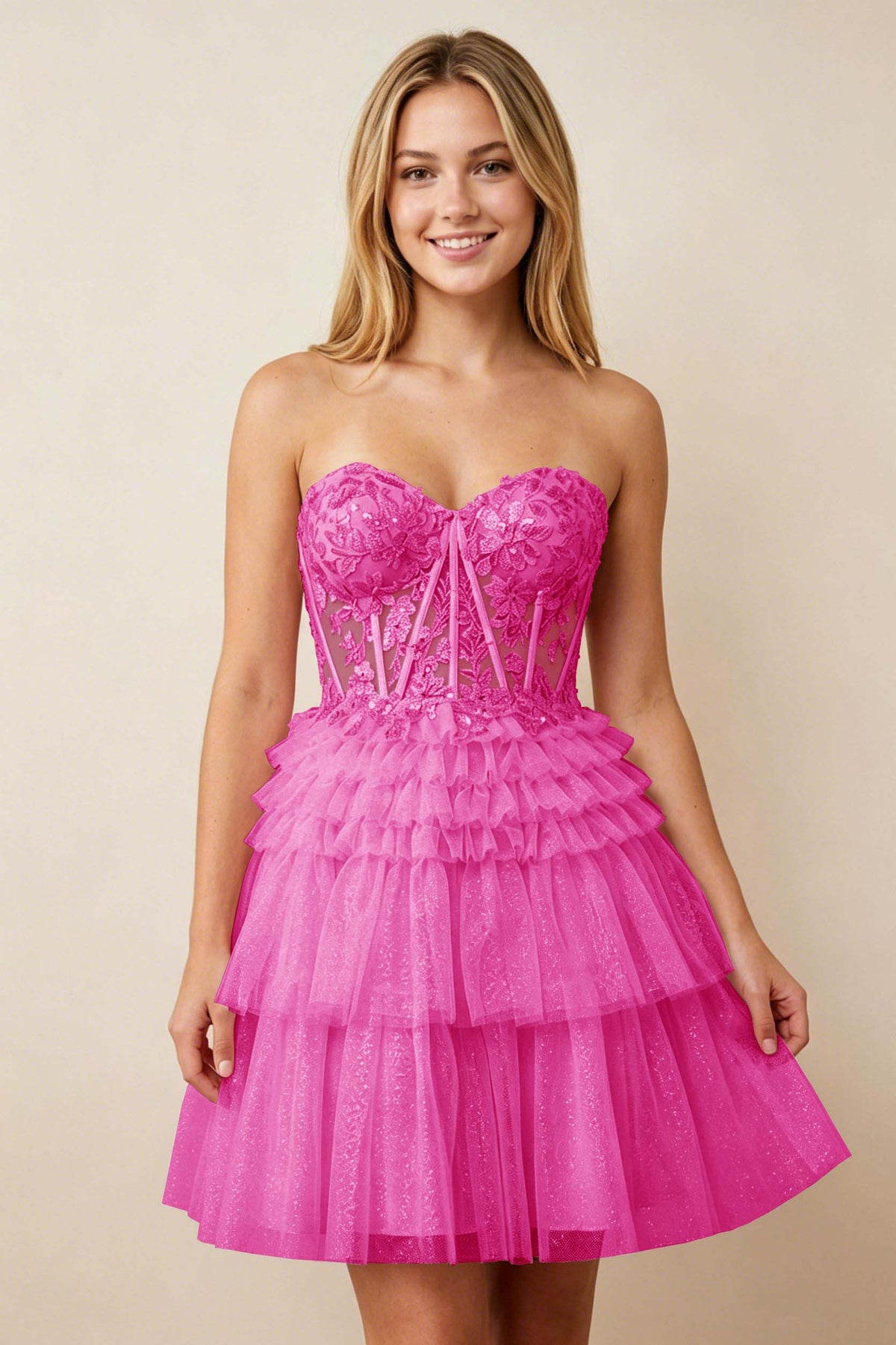 Strapless Misty Rose Lace Illusion Corset Glitter Tulle Homecoming Dresses