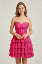 Strapless Yellow Chiffon Tiered Short Homecoming Dresses with Bow