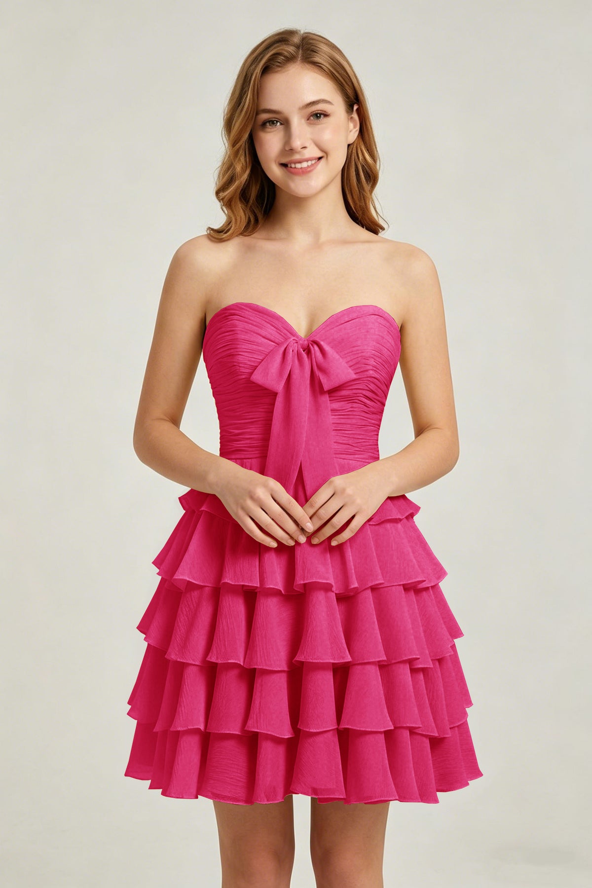 Strapless Yellow Chiffon Tiered Short Homecoming Dresses with Bow