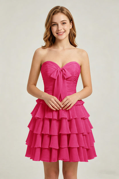 Strapless Yellow Chiffon Tiered Short Homecoming Dresses with Bow