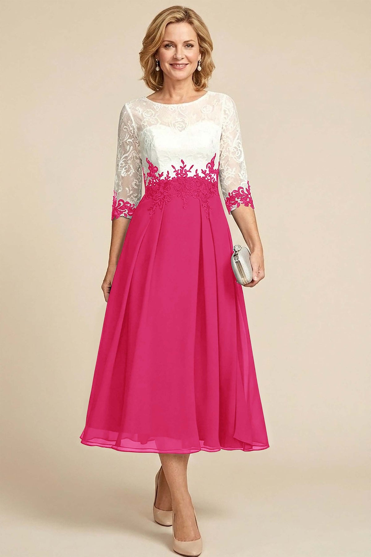 Navy Blue 3/4 Sleeve Two-Tone Lace Chiffon Mother Dresses