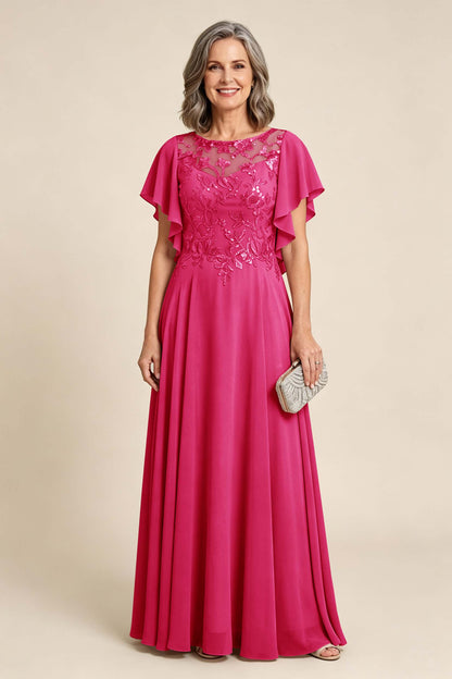 Lilac Scoop Neck Flutter Sleeve Lace Appliques Chiffon Mother Dresses
